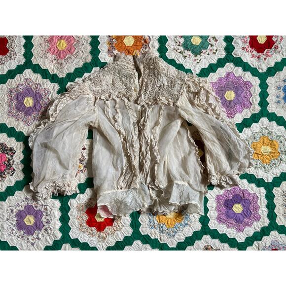 Antique Edwardian White Net Lace Silk Blouse Crochet Panels High Neck AS IS - Picture 8 of 16